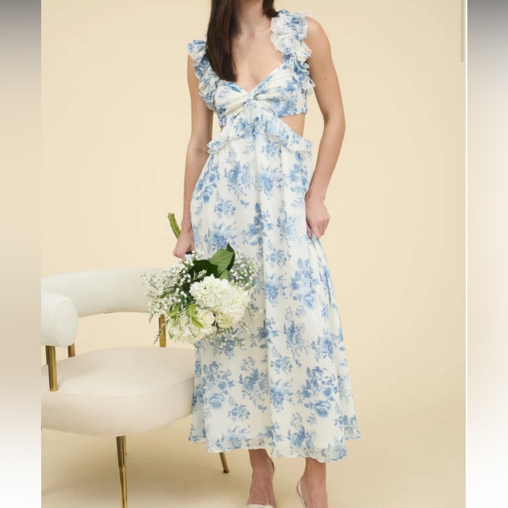 Blu Pepper White and Light Blue Floral Backless Midi Dress